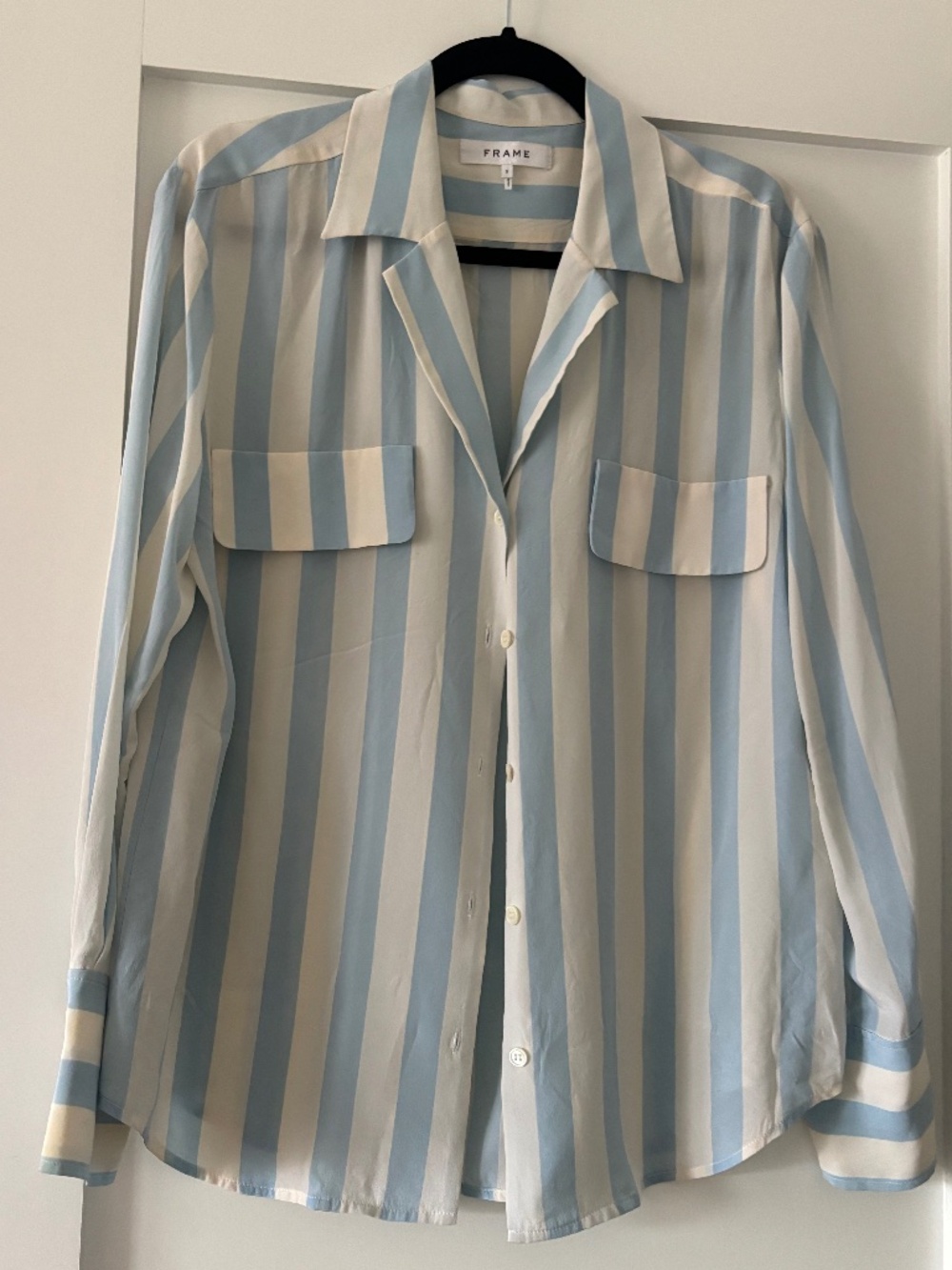 FRAME Silk Pocket Top / Striped Pajama Shirt - Clear Blue Multi - Size S